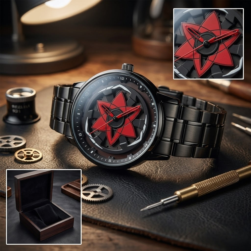 Naruto Anime Sharingan Watch 360 Rotating Wheel Dial Black Steel Band Unique Design