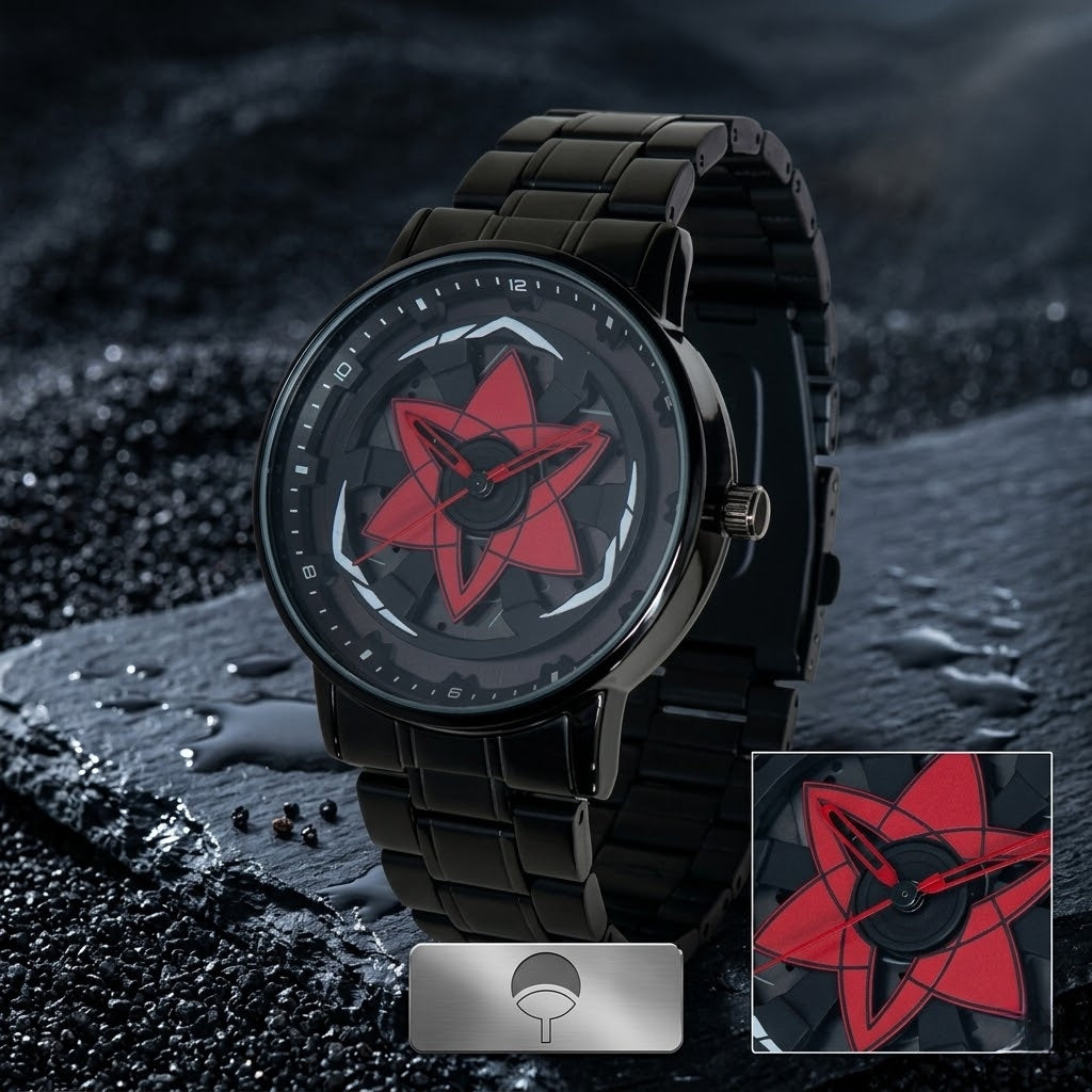 Naruto Anime Sharingan Watch 360 Rotating Wheel Dial Black Steel Band Unique Design
