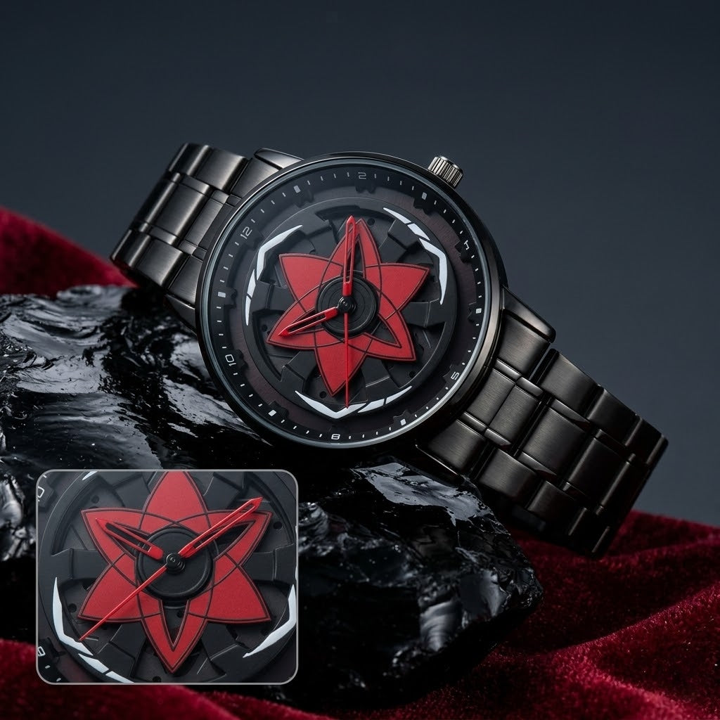 Naruto Anime Sharingan Watch 360 Rotating Wheel Dial Black Steel Band Unique Design